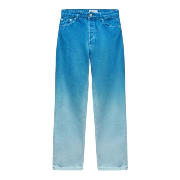 ZARA | Straight Leg High Rise Ombré Blue Swimming Pool Jeans, Size 4 - Picture 8 of 10